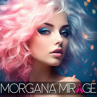Morgana Mirage Die Sissyakademie Reittaining Anal Plug erotische Hypnose Hypnosegöttin Sissy Feminisierung Junge Frau mit lockigem, pink-weißem Haar und kreativem Make-up.
